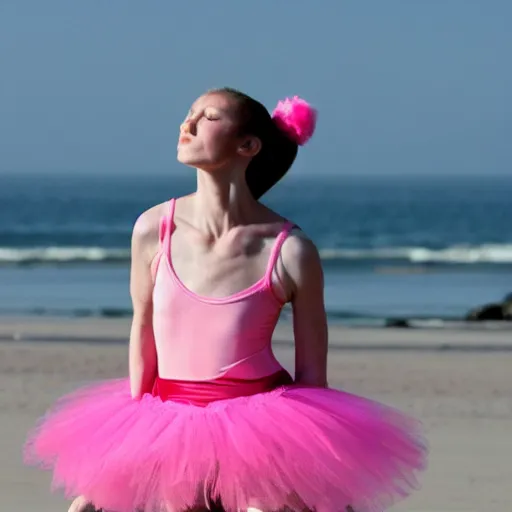 Image similar to Photo of a Sasquatch ballerina at the beach wearing a pink tutu