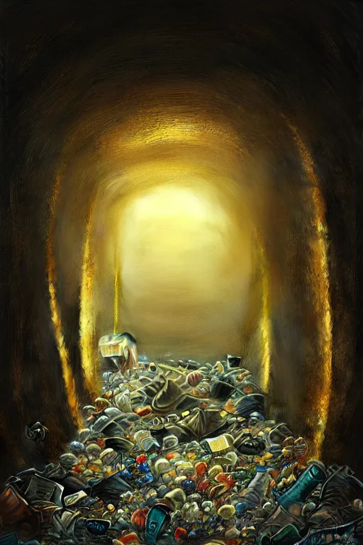 Prompt: , Tunnel made of trash, end of tunnel an image of a clean brightly lit room, realistic, intricate, gloomy, highly detailed, digital photograph, artstation, concept art, smooth, sharp focus, illustration, art by Ilja Repin