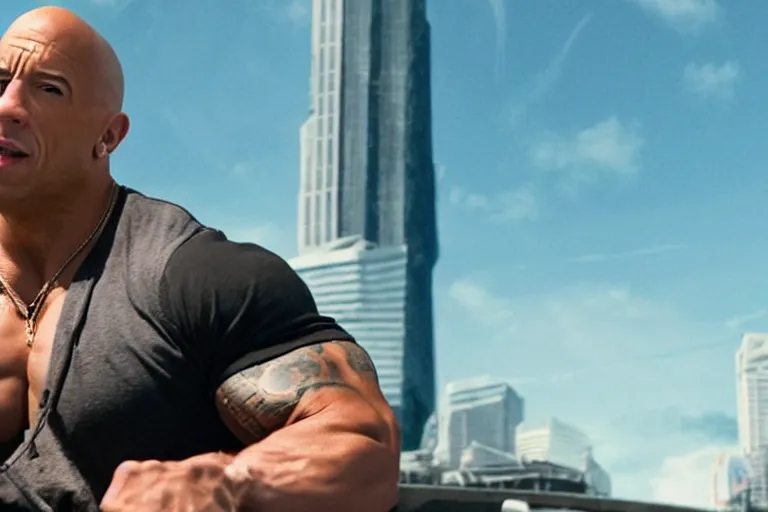 Image similar to vin diesel as dwayne johnson flexing and yelling let's go!, fast furious, low isometric perspective, cinematic still, movie still, long lens, shallow depth of field, bokeh, anamorphic lens flare, 8 k, hyper detailed, 3 5 mm film grain