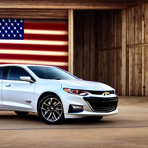 Image similar to a 2019 Chevy Malibu, wrapped in american flag colors