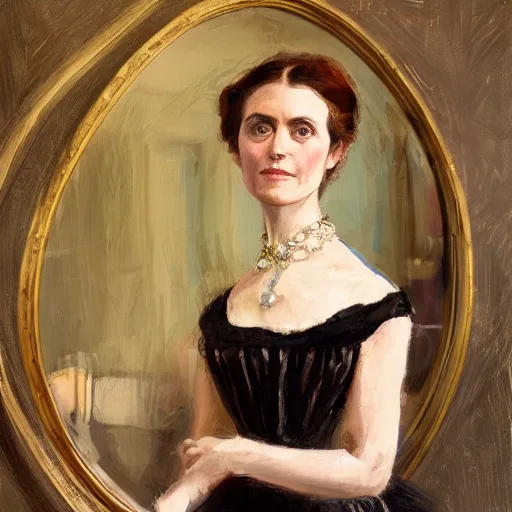 Image similar to oil portrait of a victorian lady wearing a beautiful dress in front of aa victorian mirror by greg rutowsky, trending on artstation