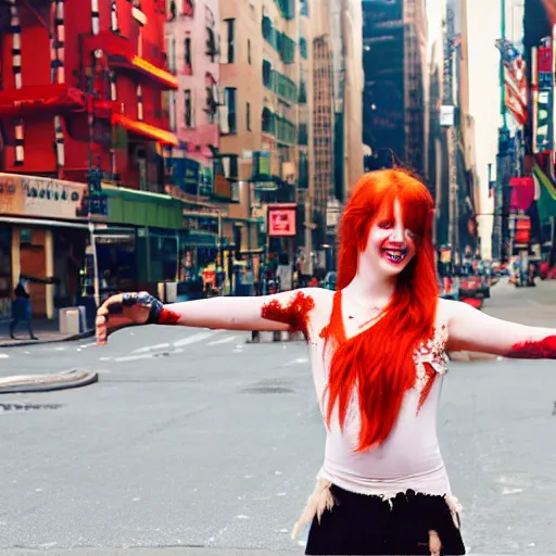 Image similar to a girl with a giant smile:: red hair:: freckles:: septum jewelry:: fair skin:: tattered ballet clothes:: she is holding a large sword:: standing in a busy street:: in New York city:: wide angle:: tilt shift lens:: full body:: long shot:: volumetric lighting:: cinematic:: 8K:: octane render:: trending on artstation:: hyper realistic:: photo realistic:: extreme detail::