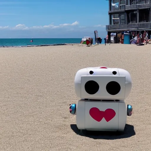 Image similar to a very cute happy robot with lots of hearts floating in the air on the beach in a sunny seaport