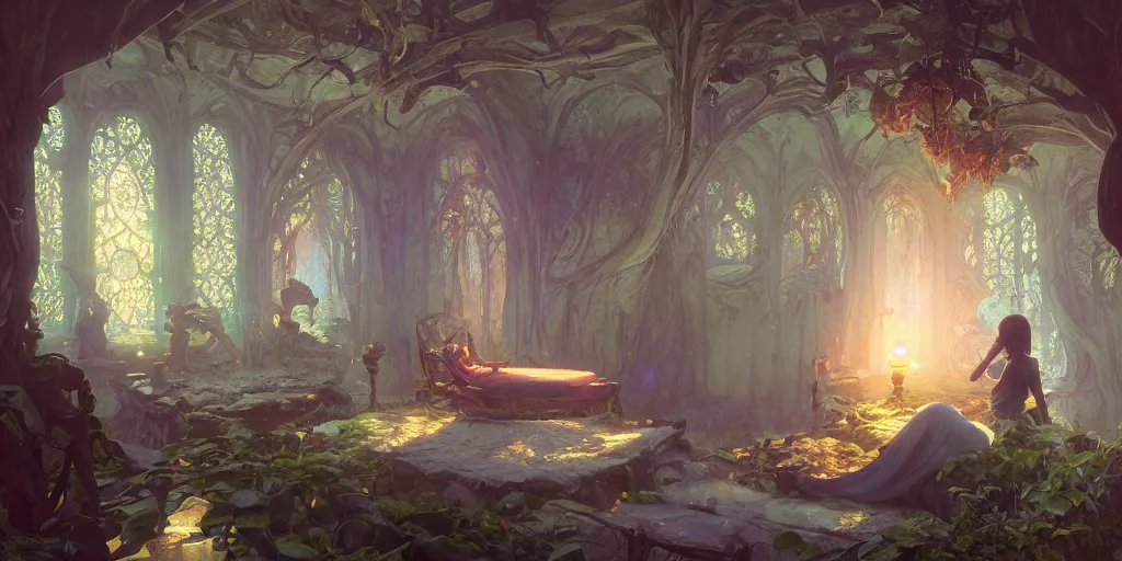 Image similar to a room in a fairy castle, stephen bliss, unreal engine, fantasy art by greg rutkowski, loish, rhads, ferdinand knab, makoto shinkai and lois van baarle, ilya kuvshinov, rossdraws, tom bagshaw, alphonse mucha, global illumination, radiant light, detailed and intricate environment