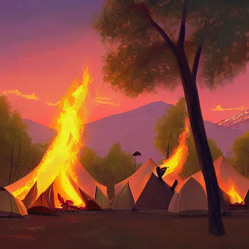 Image similar to a camp with tents on fire, burning down, shadows of girls watching the camp burn, painted by Sylvain Sarrailh