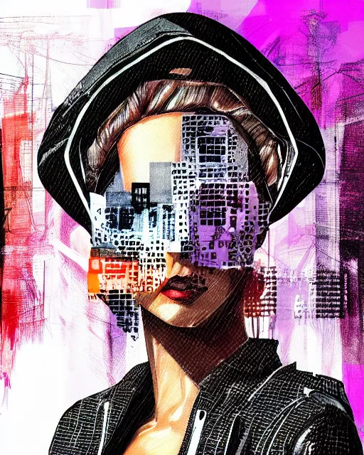 Image similar to cypherpunk fashion illustration, camera face, city street background with high tall buildings, abstract portrait highly detailed, finely detailed