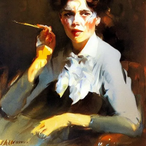 Image similar to anders zorn painting of a beautiful woman with a melting face smoking