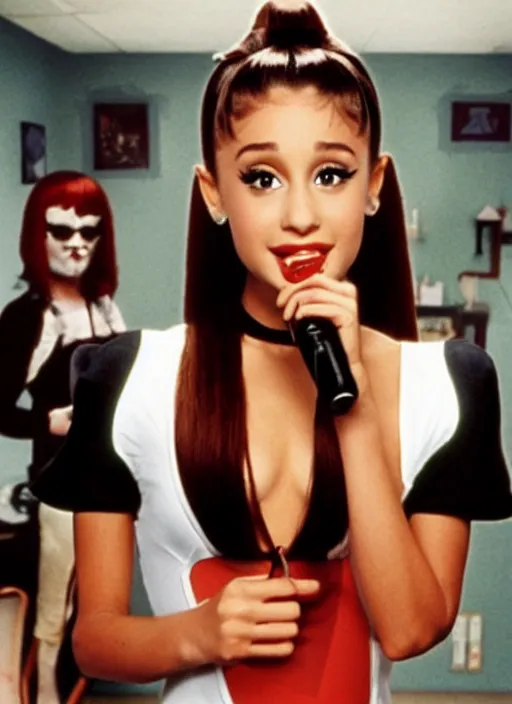 Image similar to Ariana Grande as a cute character from a pulp fiction 1970s