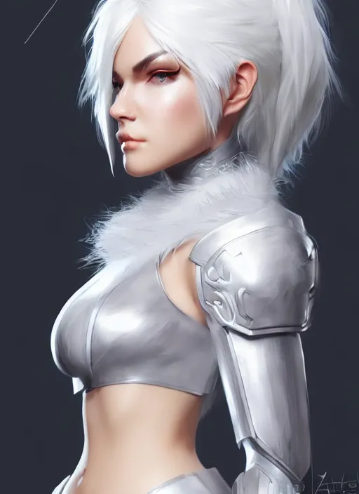 Image similar to fur - lined armor!!! beautiful and elegant white haired female!! gorgeous ayes!! character concept art, sharp focus, octane render! unreal engine 5! highly rendered!! trending on artstation!! detailed linework!! illustration by artgerm