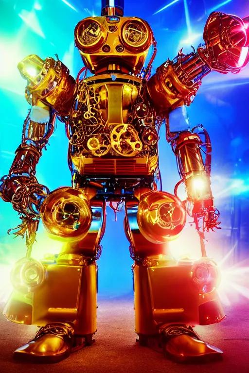 Image similar to portrait photo of a giant huge golden and blue metal humanoid steampunk robot guitar player with multicolored big gears and tubes, a red electric guitar, eyes are glowing red lightbulbs, shiny crisp finish, 3 d render, 8 k, insaneley detailed, fluorescent colors, background is multicolored lasershow