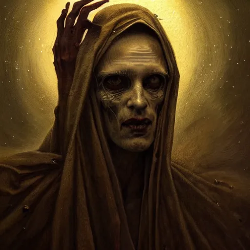 Image similar to a painting of a portrait of the high pontifex of pain with a halo on his head, golden halo, a detailed painting by santiago caruso, official art by greg rutkowski, a character portrait by seb mckinnon,, gothic art, apocalypse art, antichrist, grotesque, elder, skin, gouache, sinew, artstation