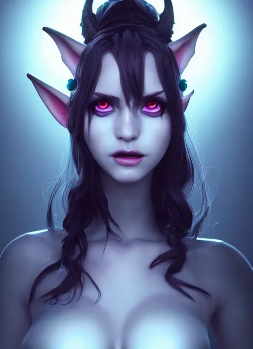 Image similar to imp demon goddess, cute elf ears, strapless dress, character portrait in the style of thomas river and artgerm, cinematic lighting, hyperdetailed, 8 k realistic, symmetrical, global illumination, radiant light,, frostbite 3 engine, cryengine, dof, trending on artstation, digital art, chanel