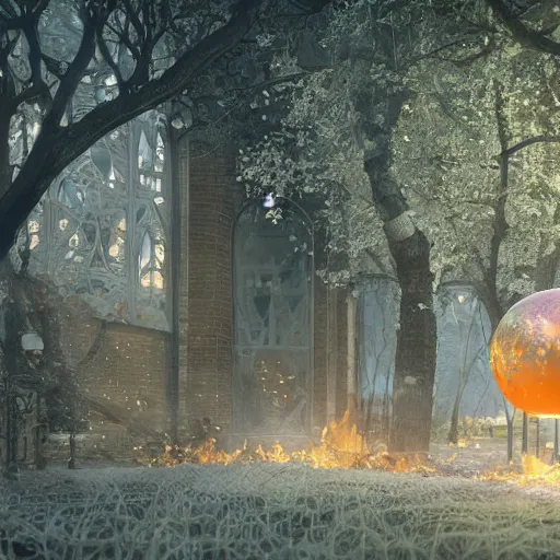 Prompt: a crystal ball floating above trees, crystal ball picturing a burning medieval city, storybook illustration, octane render, detailed painting, by katherine federer, anthony pafford, harry gamboa and tracy flickinger