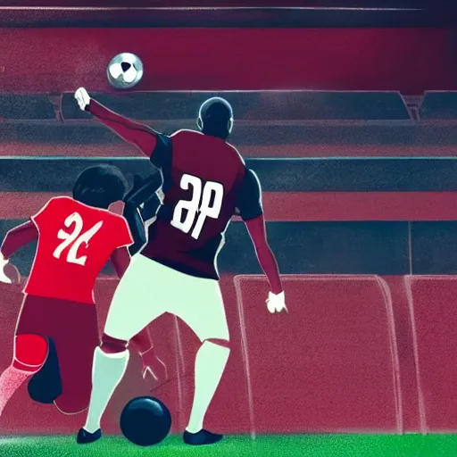 Prompt: a dark skinned football player with a black beard and bald in a red jersey with the number 9 celebrating a a goal, highly detailed, anime style, like it´s from captain tsubasa