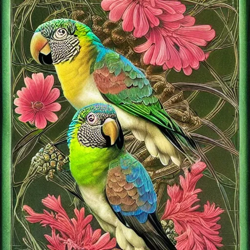 Image similar to beautiful elegant ernst haeckel!!!! illustration of many green cheek conures!!!!!! and flowers, ( green cheek conure ) ( green cheeked parakeet ) ( pyrrhura molinae )