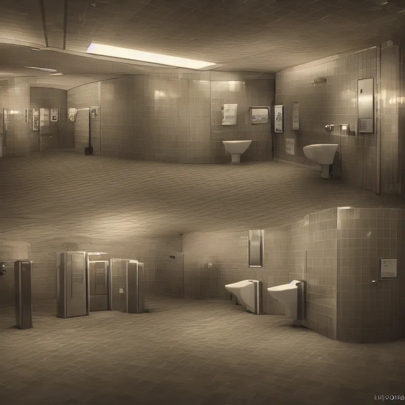 Image similar to an infinite public restroom with many stalls and sinks, cinematic lighting, volumetric lighting, award winning photography, highly detailed, intricate, sharp focus, 4 k wallpaper, unreal engine, 9 0 mm, f / 1. 4