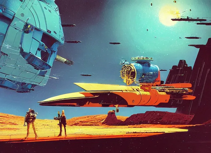 Prompt: a huge vividly - coloured spacecraft in an empty landscape by martin deschambault, dean ellis, peter elson, chris foss, josan gonzalez, david a hardy, john harris, wadim kashin, angus mckie, bruce pennington, retro 1 9 6 0 s sci - fi art