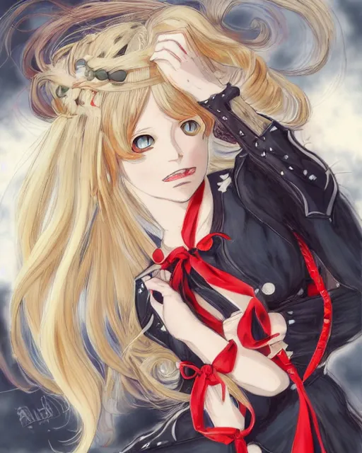 Prompt: illustration of a blonde twintails hair with ribbons anime girl with red eyes in the style of studio ghibli, ayami kojima, akihiko yoshida and 90's anime