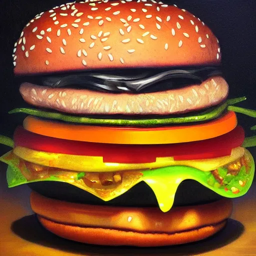 Prompt: oil painting of a burger made by greg rutkowsky, creepy, horror, dramatic light, nightmare,