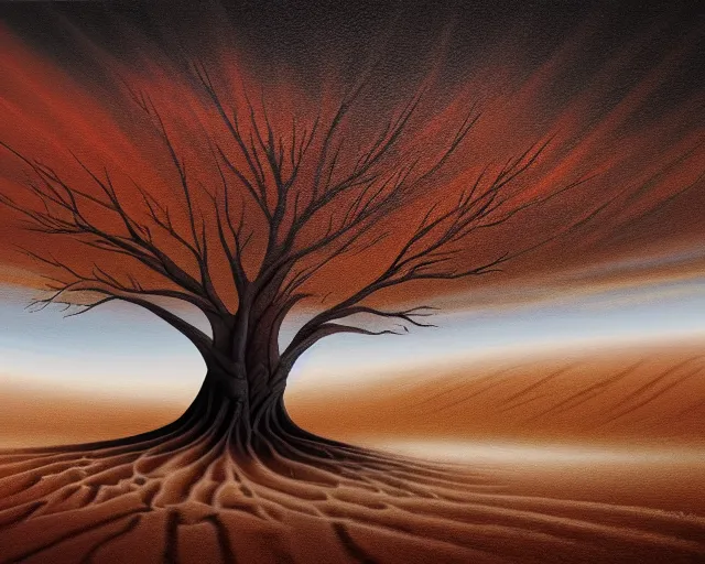 Image similar to a striking painting of a tree in the desert, an airbrush painting by breyten breytenbach, sea of sand, cgsociety, neo - primitivism, airbrush art, dystopian art, apocalypse landscape