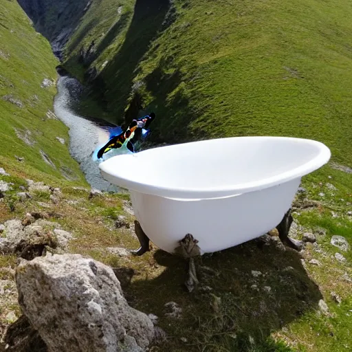 Image similar to dragonfly in a bathtub in the alps, goats!!!!!! sheeps!!! in background