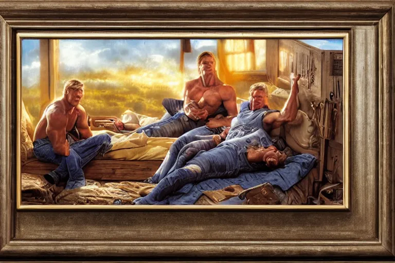 Image similar to portrait of dolph lundgren and slyvester stalone sleeping in bunk beds 1 9 9 4, an oil painting by ross tran and thomas kincade