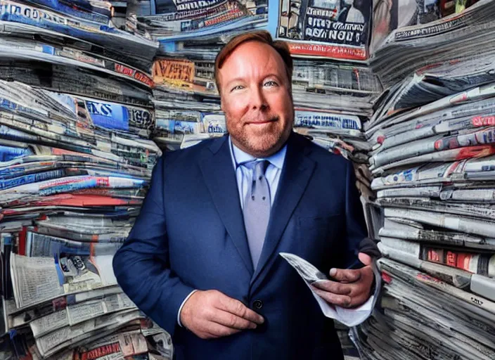 Image similar to dslr photo still of infowars host alex jones in a blue suit fat grey beard and mustache in a!!! room filled to the ceiling with newspapers newspapers to the ceiling newspapers everywhere stacks of newspapers!!!!!! looking at an iphone in shock!!!, 5 2 mm f 1. 8