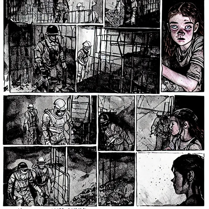 Prompt: tired sadie sink as a miner emerges out of the dark coal mine. storyboard, scifi cyberpunk. by gabriel hardman, joe alves, chris bonura. cinematic atmosphere, detailed and intricate, perfect anatomy