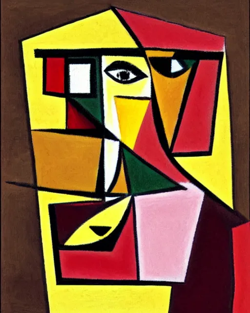 Prompt: cubism painting of a female face, inspired by Pablo Picasso and Georges Braque, digital art, muted brown, yellows and reddish black