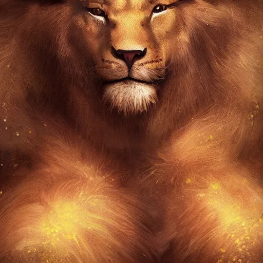 Image similar to a award winning commission photograph of an anthropomorphic lion with human features wearing a golden knight armor, digital art, character concept, highly detailed, deviantart, artstation, beautiful, photorealistic, imagination, fantasy, dramatic