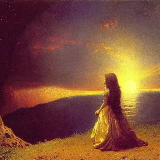 Image similar to beautiful young woman looking at giant nuclear explosion, artwork by Bierstadt, Albert