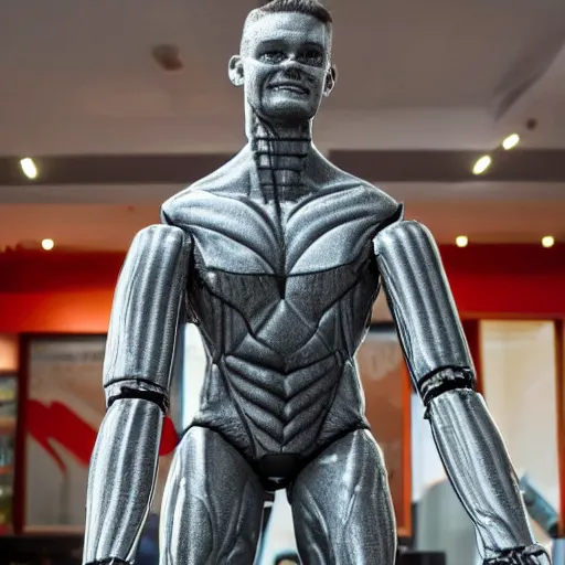 Image similar to a realistic detailed photo of a guy who is an attractive humanoid who is half robot and half humanoid, who is a male android, wrestler finn balor, shiny skin, posing like a statue, blank stare, by the pool, on display, showing off his muscles, humanoid robot, frozen ice statue