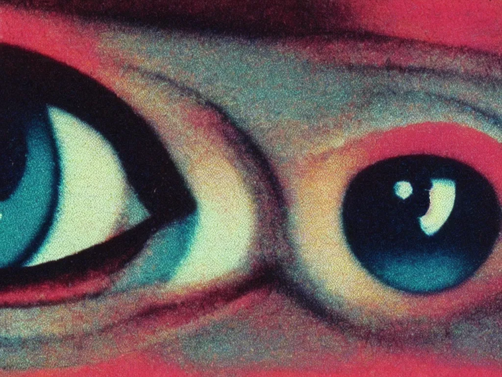 Image similar to vintage 90s VHS video still of a close up on psychic eyes , retro TV, noise, hue