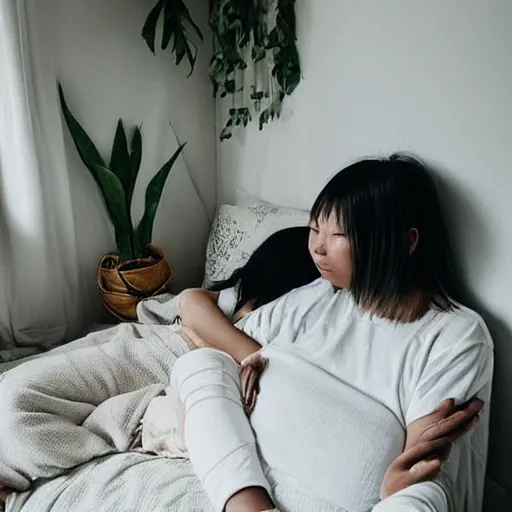 Image similar to cozy asian home, ambient, moody, couple, tiny