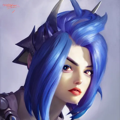 Image similar to greg manchess portrait painting of partially armored blue haired jinx from league of legends as overwatch character, medium shot, asymmetrical, profile picture, organic painting, sunny day, matte painting, bold shapes, hard edges, street art, trending on artstation, by huang guangjian, gil elvgren, ruan jia, greg rutkowski, gaston bussiere