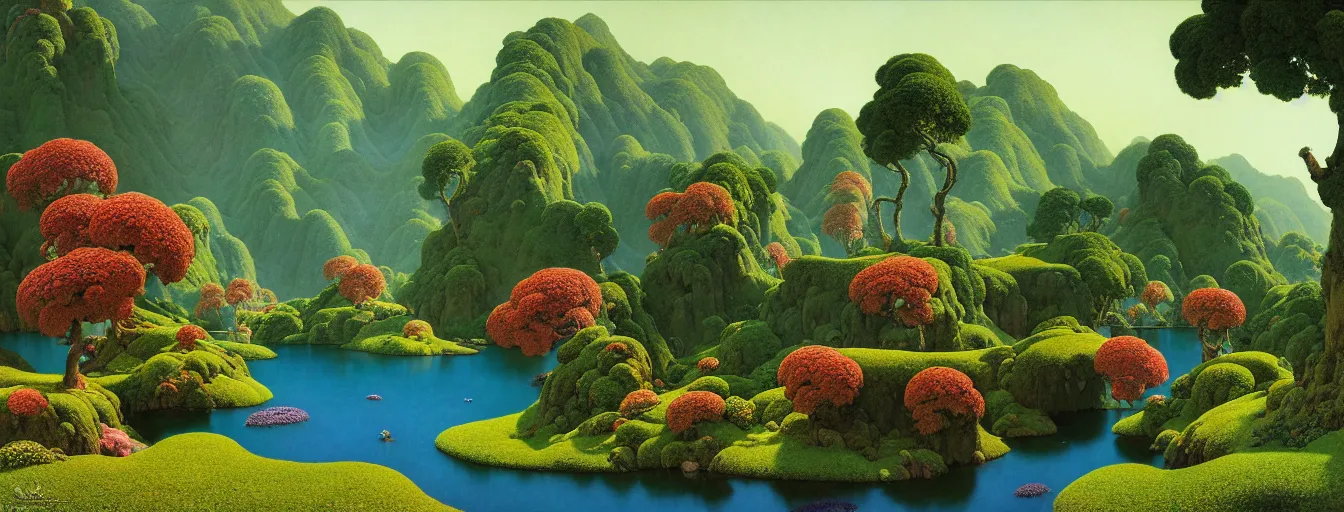 Image similar to a gorgeous very early spring series of lush islands separated by flower - lined streams, twisted gardens, painting by barlowe wayne maxfield parrish and marco mazzoni. tree no leaf!!!! china mountain village!! very little light verdancy. ultra clear detailed. 3 d, octane render. turbulent blood lake.