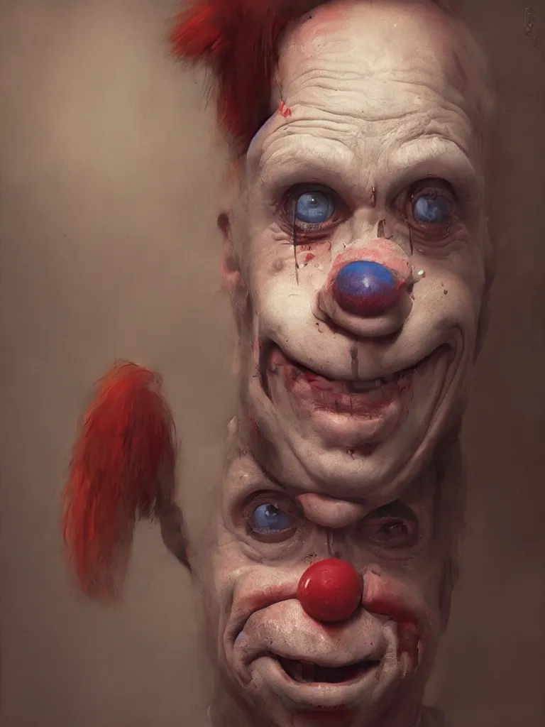 Prompt: a portrait of a sad and helpless clown in a painting from stalenhag, 4 k, 8 k, hdr, artstation, concept art