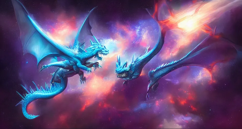 Prompt: large blue dragon flying through nebula, by artgerm