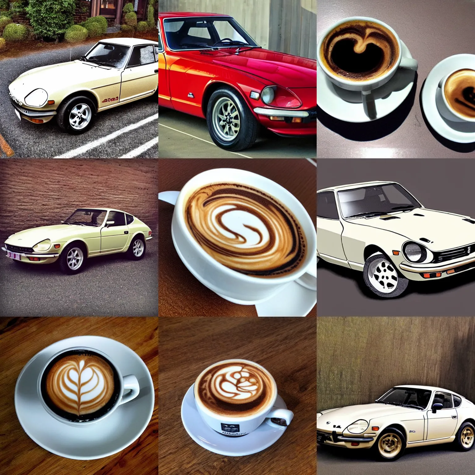 Prompt: a datsun 2 4 0 z in the art style of a latte, cappuccino froth coffee art in a white cup