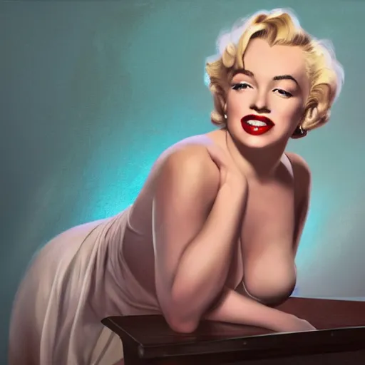 Image similar to masterpiece portrait of a beautiful stunning marilyn monroe in seven year itch, dynamic pose, above view, top lighting, art by charlie bowater, gil elvgren, ilya kuvshinov, mary jane ansell, cryengine, lumion render, 8 k realistic, hyper detailed, digital painting, artstation, concept art, ray tracing, perfect face