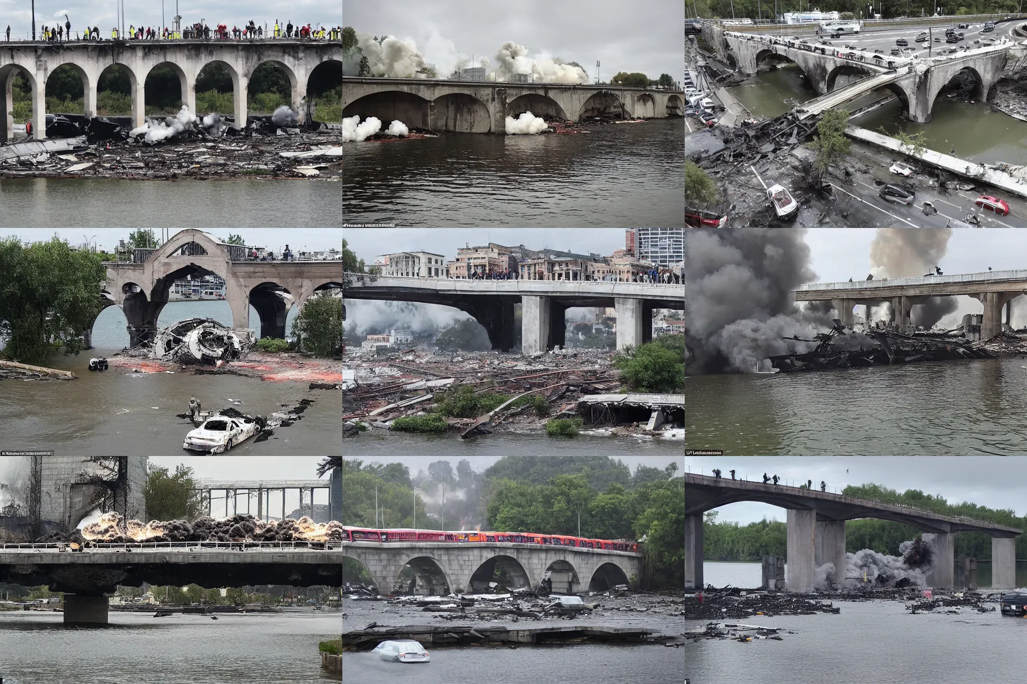 Prompt: a bridge with large columns located above the water on which there are a large number of cars, a large explosion destroys it