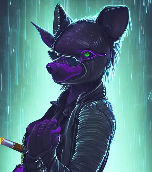 Image similar to digital painting of anthromorphic hyena female smoking cigarrete in cyberpunk style, fursona, furry fandom, furaffinity, neon rainy cyberpunk setting, anthro, wearing cyberpunk leather jacket, detailed face, blade runner, zootopia style,