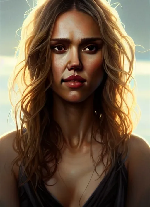 Image similar to half Jessica Alba half Nathalie Portman half scarlett johansonna pure seductive angel, full body portrait, slight smile, diffuse natural sun lights, autumn lights, highly detailed, digital painting, artstation, concept art, sharp focus, illustration, art by wlop and greg rutkowski and alphonse mucha and artgerm