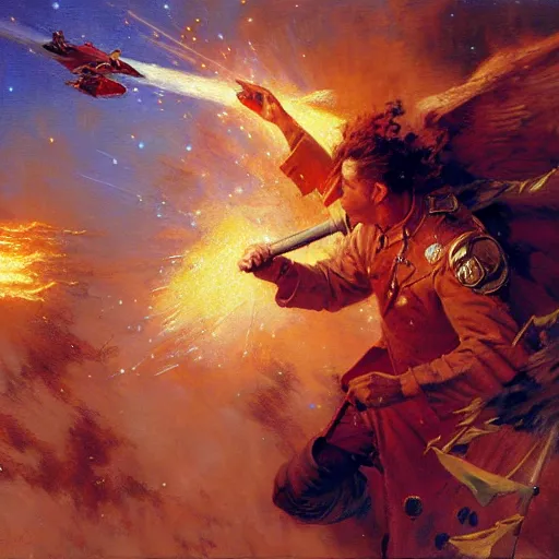 Image similar to stunning male master wizard destroying aircraft by his fire spell, highly detailed painting by gaston bussiere, craig mullins, j. c. leyendecker, 8 k