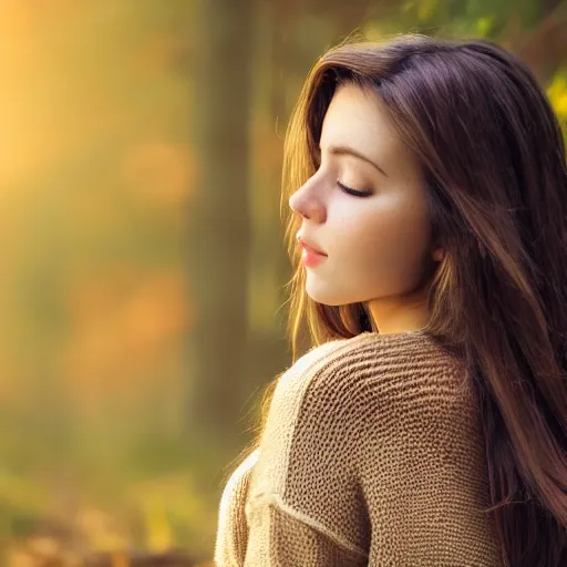 Image similar to real life photo of a beautiful girl, full body photoshoot, long brown hair, brown eyes, full round face, short smile, belly free, belly free brown sweater, forest setting, cinematic lightning, medium shot, mid - shot, highly detailed, trending on artstation, unreal engine 4 k, 8 0 mm, 8 5 mm, cinematic wallpaper