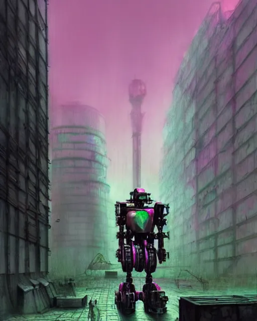 Prompt: hyperrealistic hyperdetailed 60s mecha iridescent pink coming out of dystopian city ruins concept art santiago caruso de chirico sharp very dramatic green light 8k low angle shallow depth of field