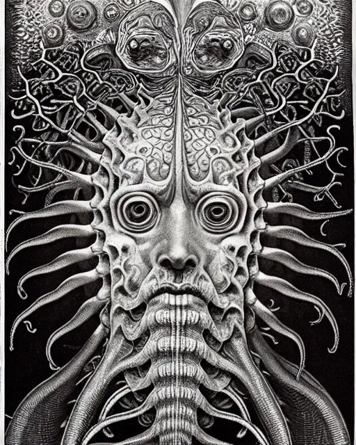 Image similar to hyperrealistic detailed underwater face portrait of the beautiful god of the fish with an intricate headgear of corals, sea kelp, sea plants, fish, starfish, jellyfish, art by ernst haeckel, hieronymus bosch, gothic, neo - gothic, ornamental, beautiful deep colours,