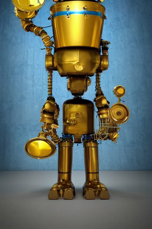 portrait photo of a giant golden and blue metal Stable Diffusion