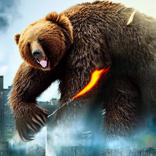 Prompt: a giant angry bear fighting with godzilla in the city, photomanipulation, photoshop, digital art