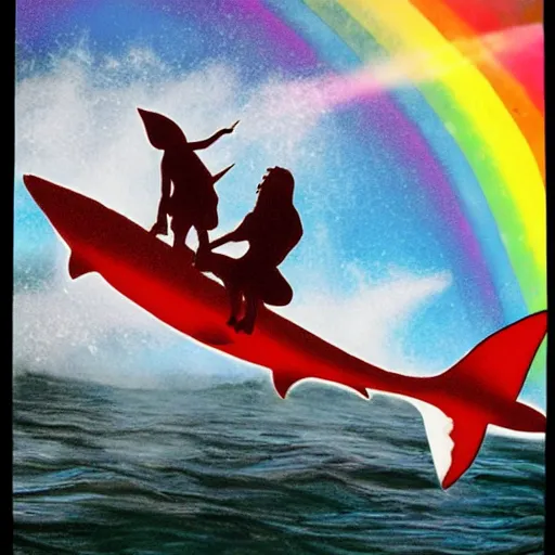 Prompt: jack black riding a shark, ocean, rainbow